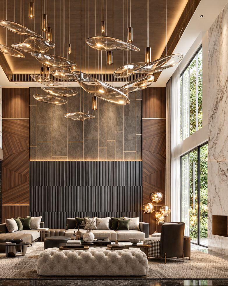 Double-height interior with marble fireplace