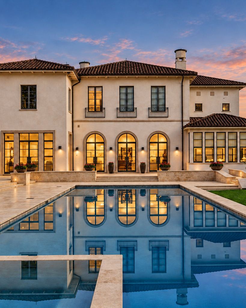 Mediterranean-style villa at dusk
