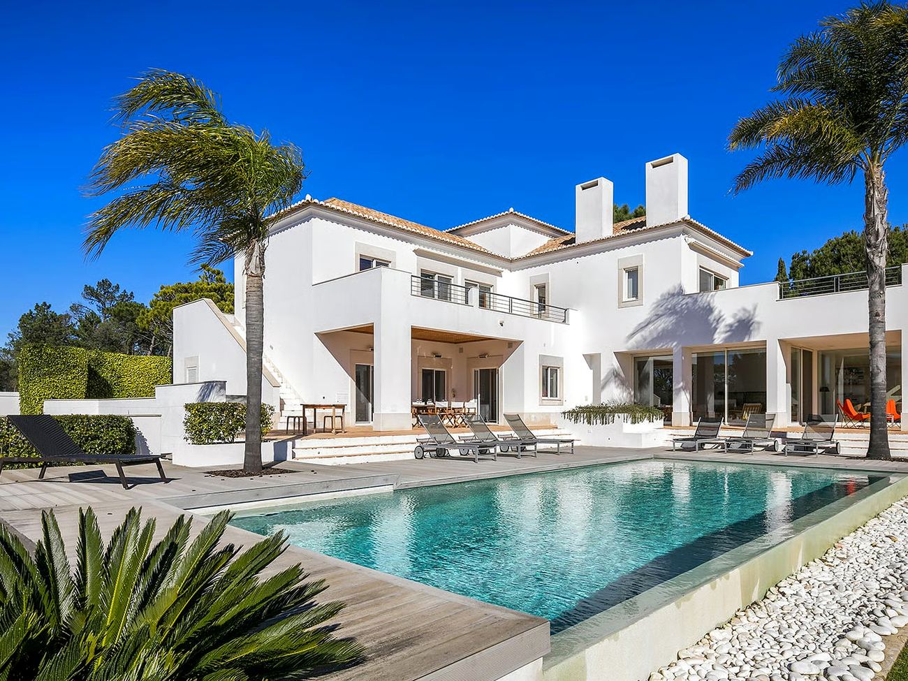 White villa with pool among palm trees
