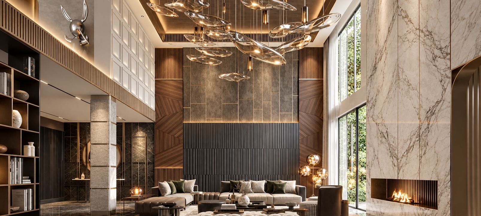 Double-height living room with marble fireplace and glass chandelier