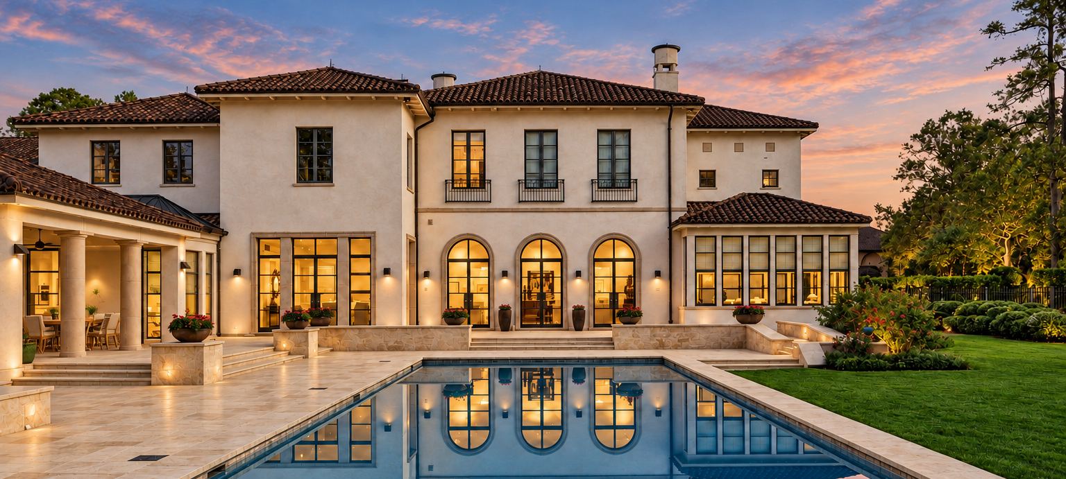 Mediterranean-style villa with a reflecting pool at dusk